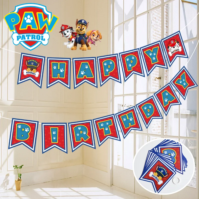 Paw Patrol Kids Birthday Banner Pull Flag Cartoon Birthday Party Decor Supplies Boys Girls Baby Shower Partys Hanging Decoration