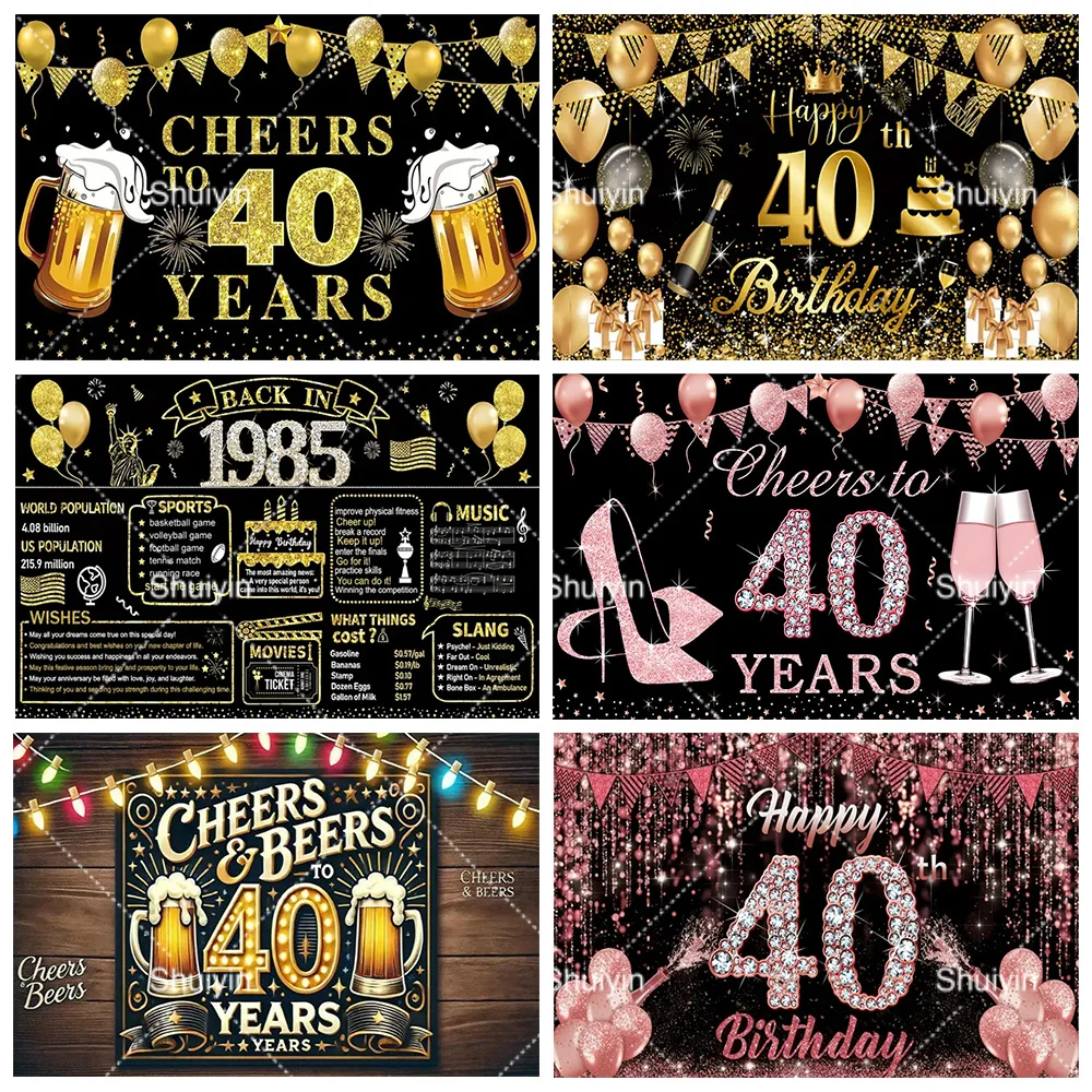 

40th Birthday Party Backdrop Pink Black Gold Glitter Woman Man 40 Years Old Birthday Bar Decorations Photography Background Gift