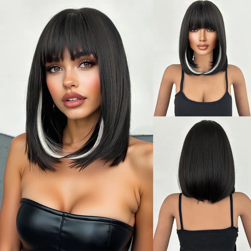Short Straight Hair with Bangs Brown Gradient silverBoBoDaily RoutineCosplayWig for Women