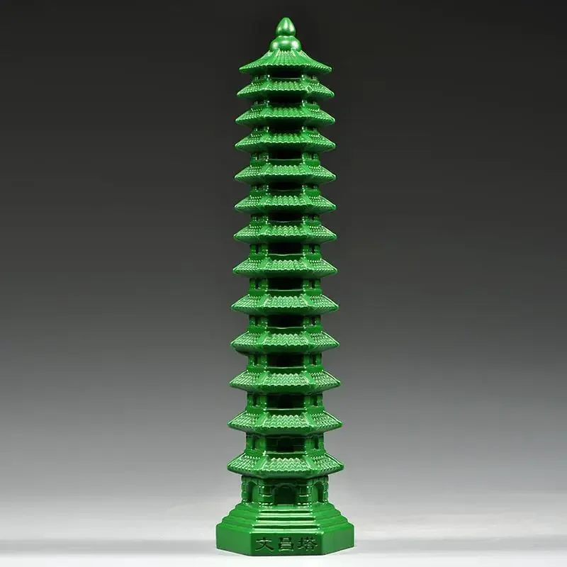 

6" Chinese Green Wood Hand-Carved 13Th Floor Wenchang Tower Stupa Pagoda Statue