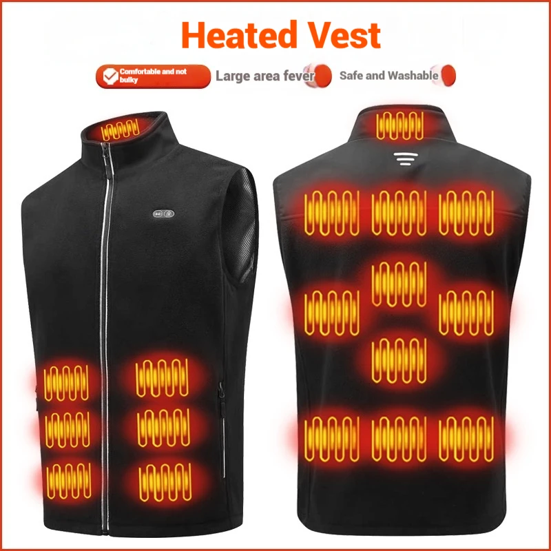 USB-Heizweste für Herren und Damen, elektrische Thermojacke, Polarfleece, Stehkragen, winddicht, reflektierender Reißverschluss, Outdoor-Sport – Detail 4