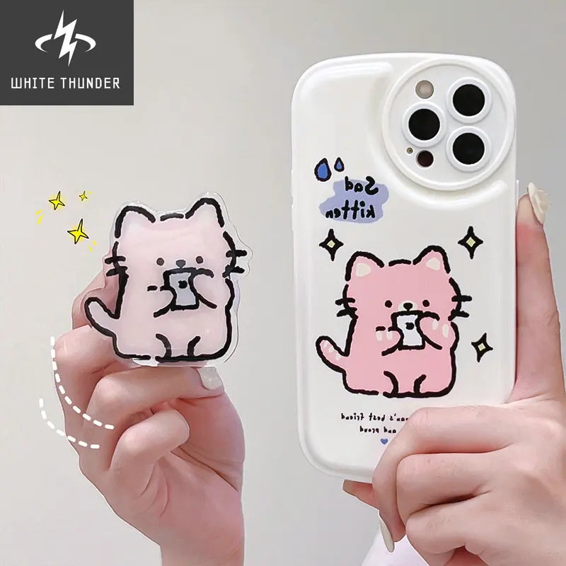 Creative Cute Cartoon Play Cell Phone Kitten Bracket Soft Shell For iphone 11 12 13 Mini 14 Pro Max Xr X Xs 7 8 Plus Phone Case