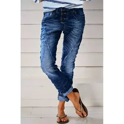 Denim Pants Capris 2023 Women Vintage Elastic Waist Jeans Long Flare Pants High Waist Slim Work Summer Blue Elegant Jeans Capris