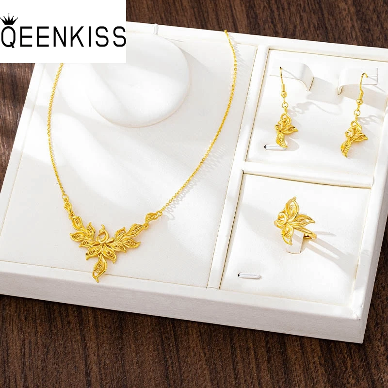 

QEENKISS 24KT Gold Vintage Phoenix Necklace+Ring+Earrings For Women Wedding Party Birthday Christmas Bride Mother Gifts JS5103