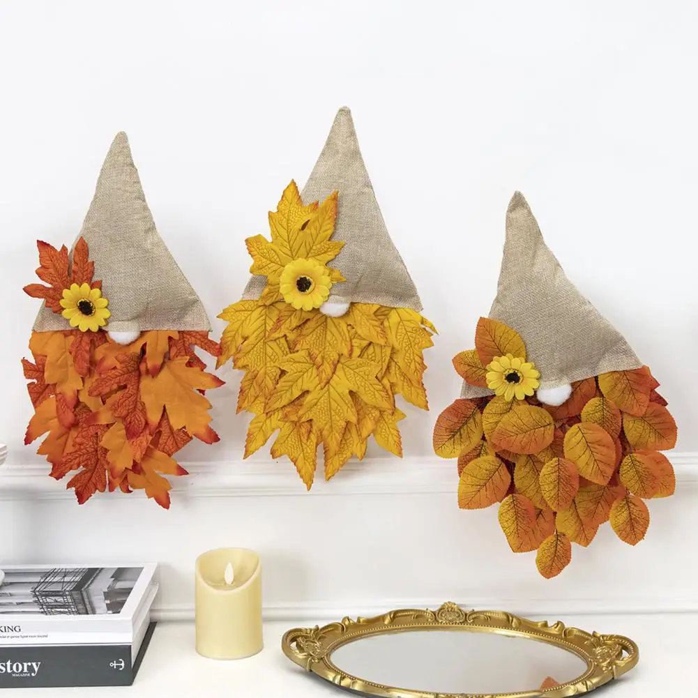 Autumn Maple Leaf Wreath Thanksgiving Faceless Gnome Garland Wall Door Hanger with Artificial Sunflower Harvest Home Decoration