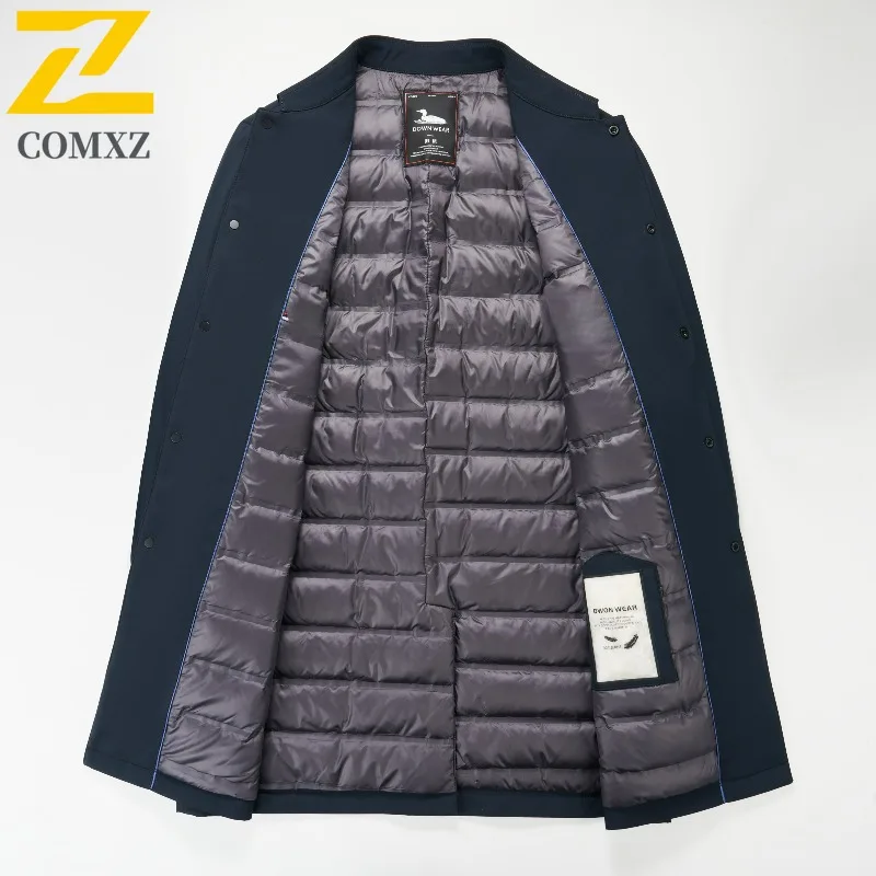 COMXZ Brand Luxury Mens Long Down Jacket Working Thickened Warm Puffer Coat Casual Single Breasted Travel Windproof Winter Coat