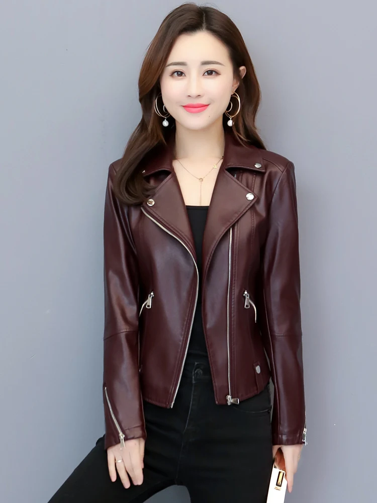 Giacca in Pelle da Donna Primaverile/Autunnale con Colletto Rovesciato, Stile Biker Slim Fit, Versione Coreana Heining