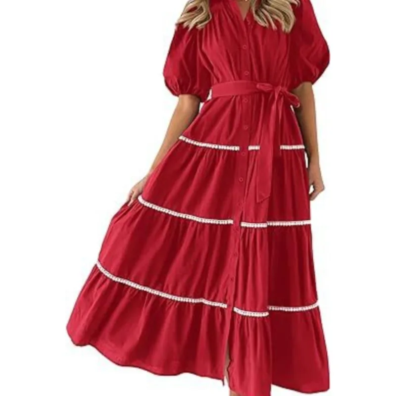 2025 mulheres verão vestido de cor sólida botão até manga curta puff em camadas plissado vestido longo elegante férias maxi vestido com cinto