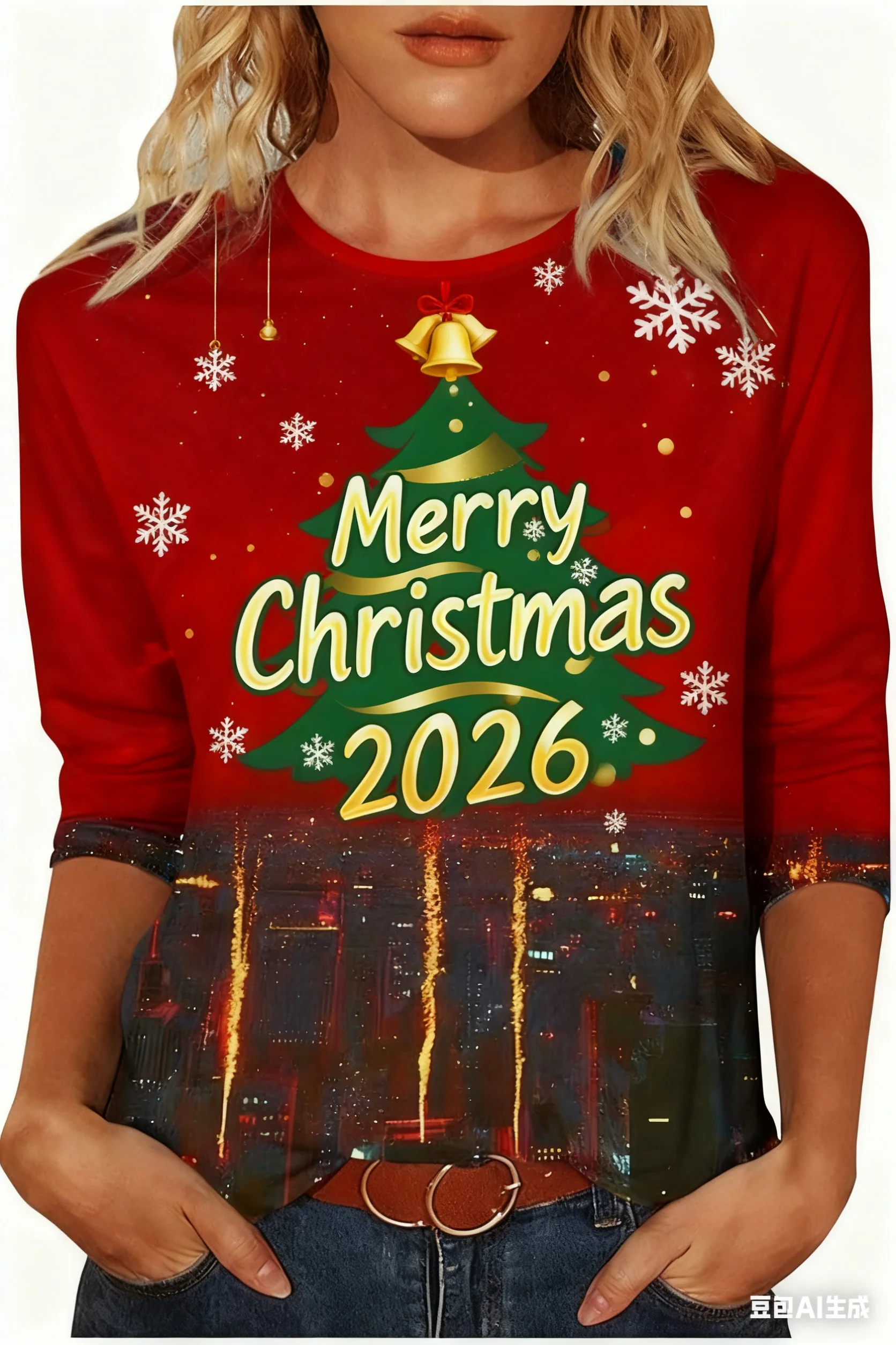 

Christmas-themed women's round neck long-sleeved T-shirt with Christmas tree print, black and white casual loose top