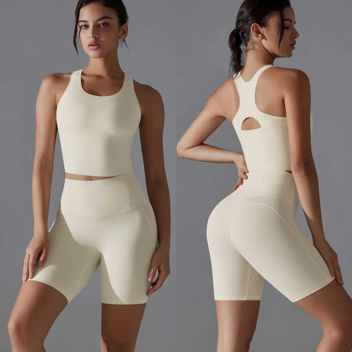 Cream 2-Piece Workout Set - Racerback Crop Tank with Cutout Back & High Waist Biker Shorts for Yoga Gym Fitness  Athletic Outfit