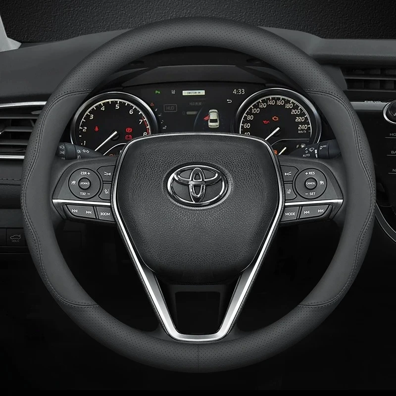 Black 15 Inch Leather Steering Wheel Cover, For Toyota Corolla Fortuner Auris Avensis YARIS Vios Celica 86 Rav4 C-HR Accessories