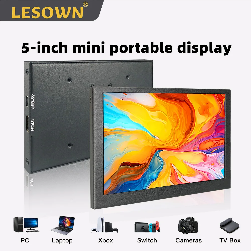 LESOWN Mini Monitor 5-inch HDMI Small LCD Screen 800x480 IPS Portable Lightweight Display for Windows PC - Plug And Play