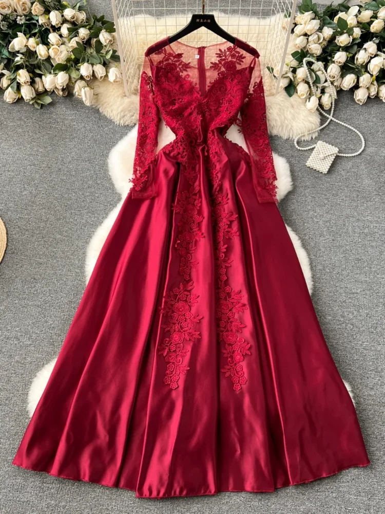 Women Elegant Evening Party Dress Vintage Embroidered Floral Mesh Long Sleeve Red Dresses Ladies Slim A-line Long Robe Vestidos