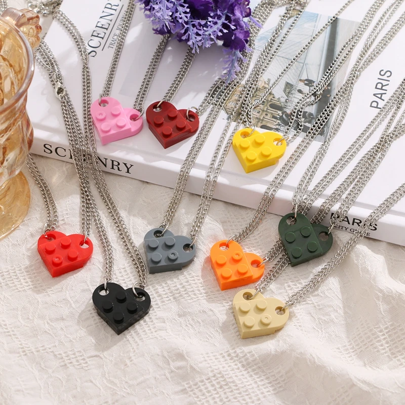 OMY Punk 2Pcs Heart Brick Couples Love Necklace For Lovers Women Men Lego Elements Friends Necklaces Valentines Gift Jewelry
