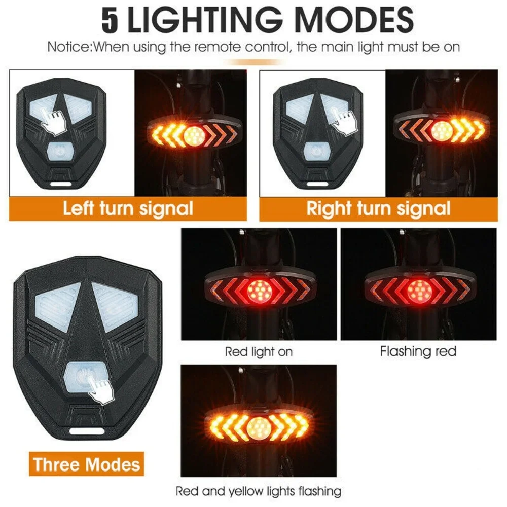 Luci posteriori per bici Lampada per indicatori di direzione a LED ricaricabile Telecomando wireless Luce posteriore per bicicletta impermeabile