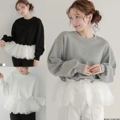 ホワイトレーススプライスルーズレディーススウェットシャツフェイクツーピース春秋ハイエンドスイートスレポリエステル繊維ロングスリーブ...