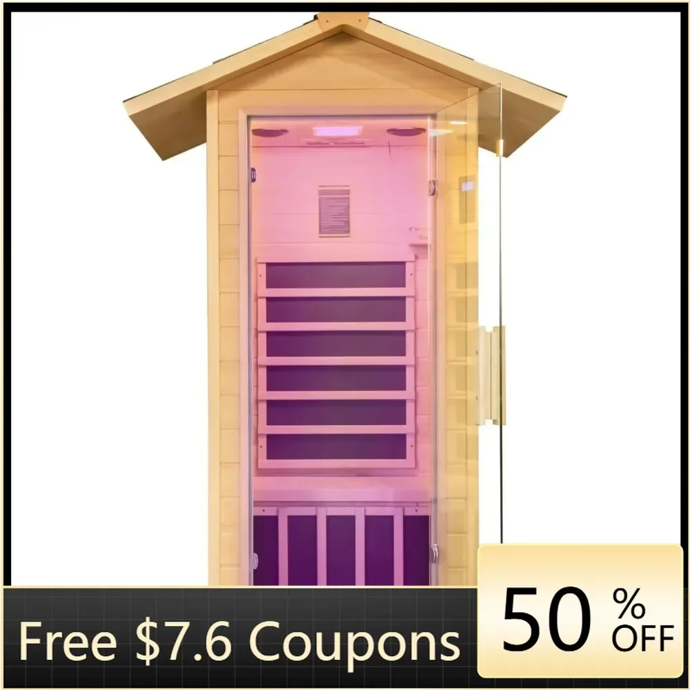 1 Person Outdoor Far Infrared Sauna,Canadian Hemlock Wood Home Indoor Sauna 1400W Dry Sauna Personal Room with Speakers,LED Lamp