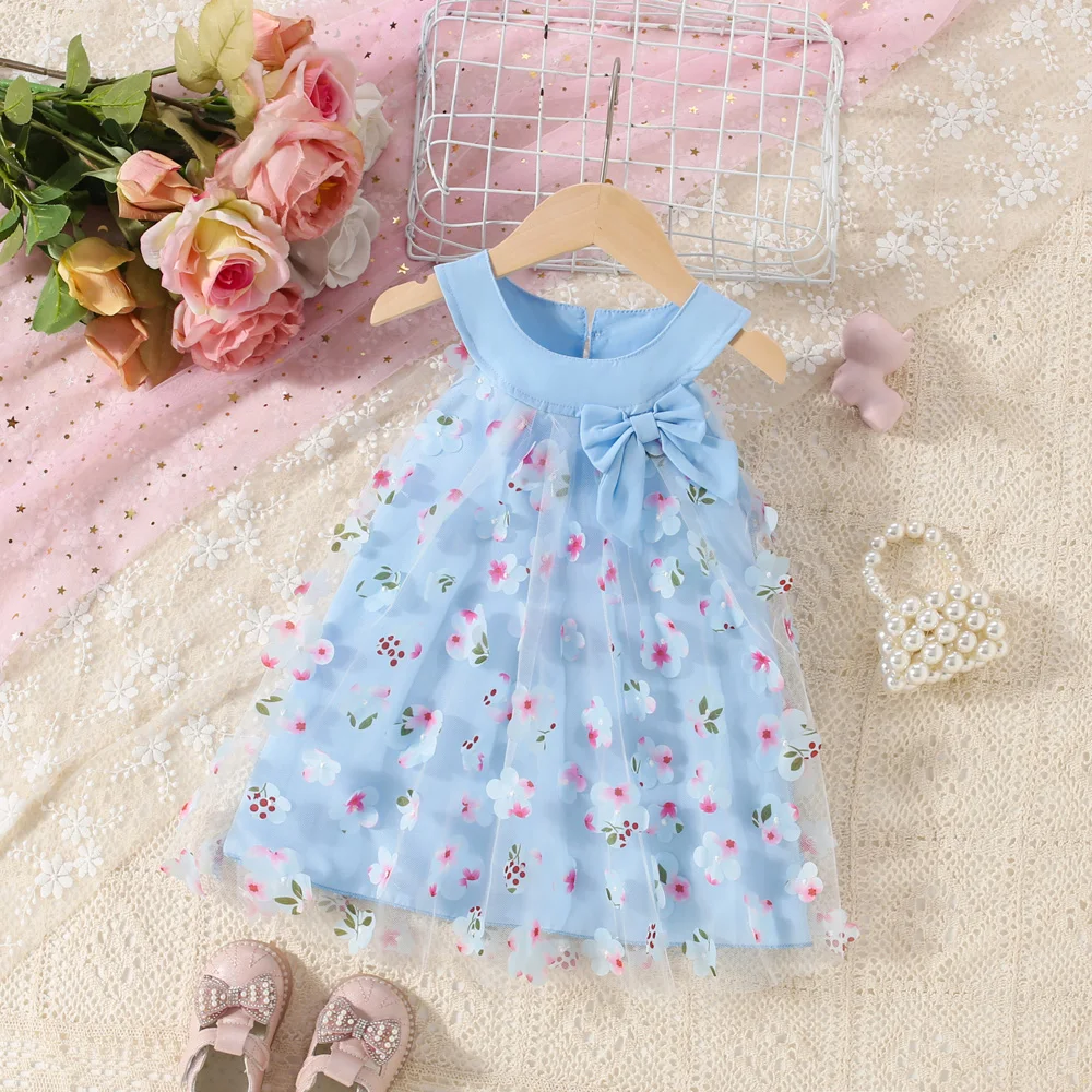 Summer New Girls Full Body Flower Sleeveless Mesh Skirt Baby Girl\'s Personalized Collar Bow Dress Suitable For Ages 0 To 3