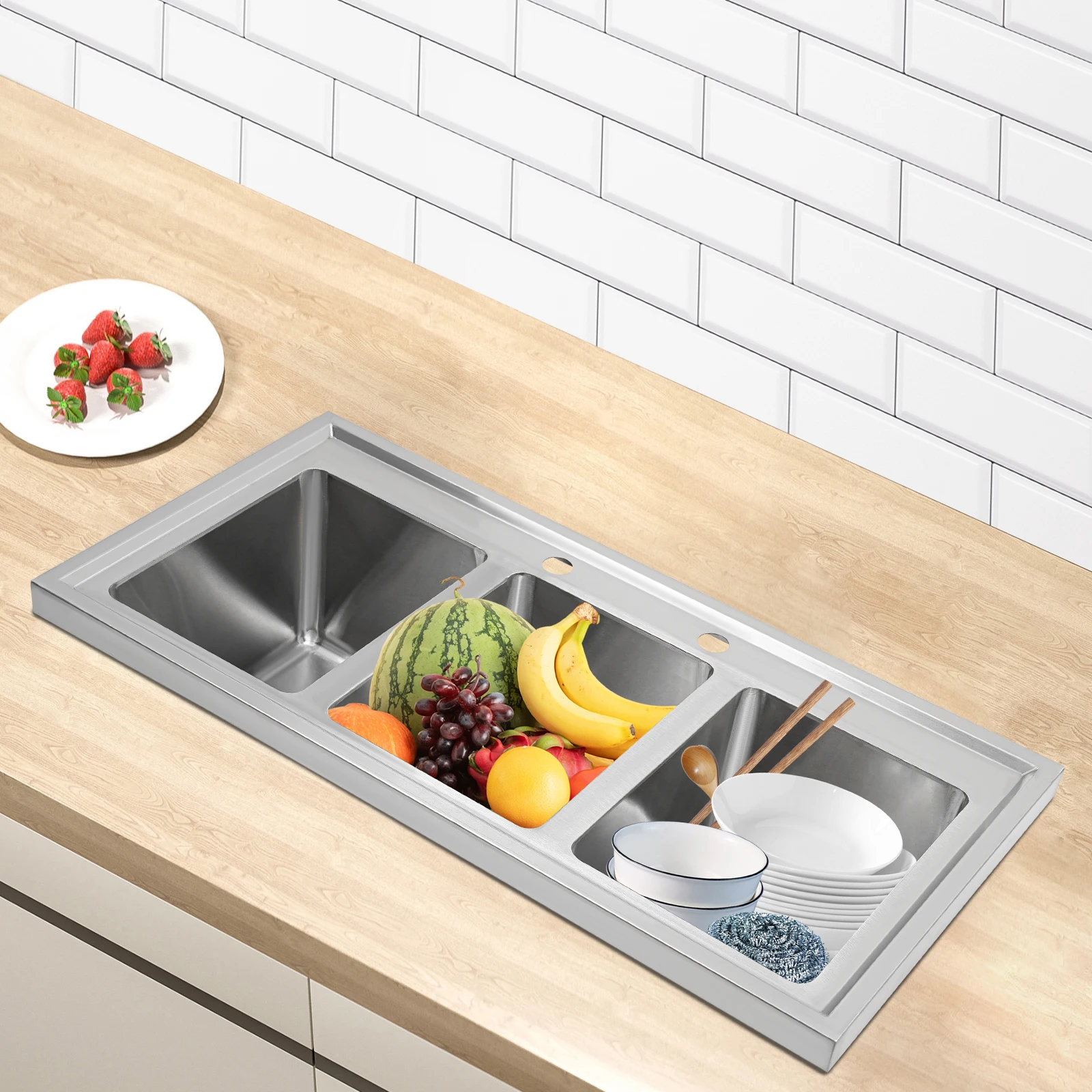 حوض مطبخ تجاري فضي مكون من 3 حجرات، حوض ثلاثي من الفولاذ المقاوم للصدأ 201، حوض إعداد بار 94 × 47 × 25.4 سم مع 3 أنابيب تصريف #4