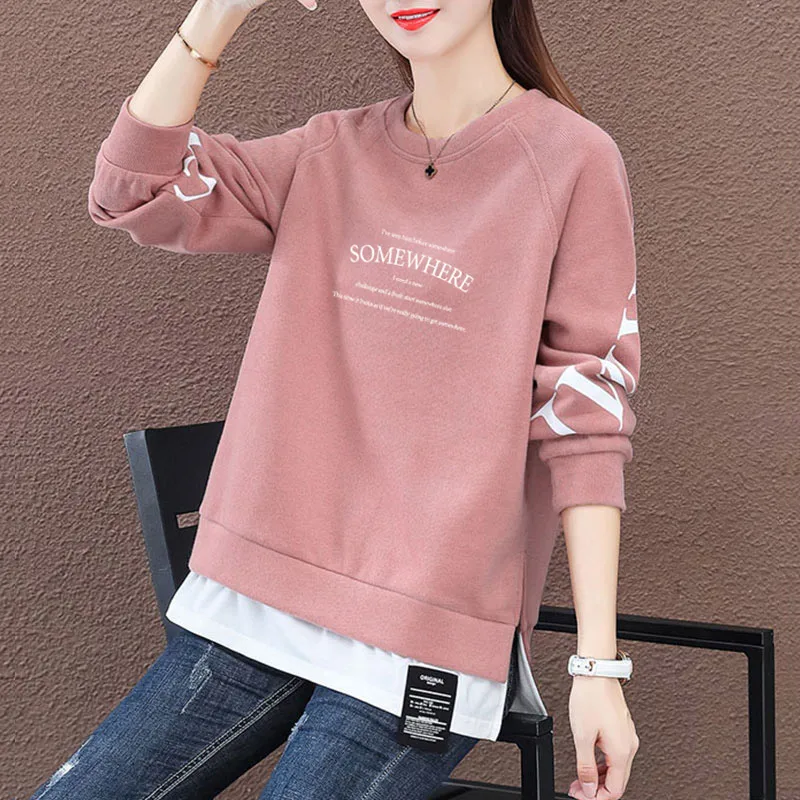 Fce Lined round Ne Sweatirt Women's Loose plus Size Korean Sle Autumn Winter Clothes Fake Two-Piece Anti-Aging Slimming