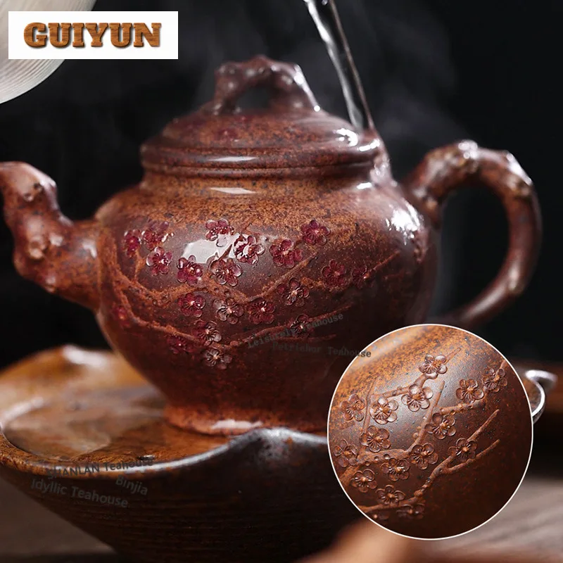 

450ml Retro Yixing Purple Clay Teapots Handmade Laughing Sakura Pot Raw Ore The Keel Gold Sand Mud Kettle Chinese Zisha Tea Set