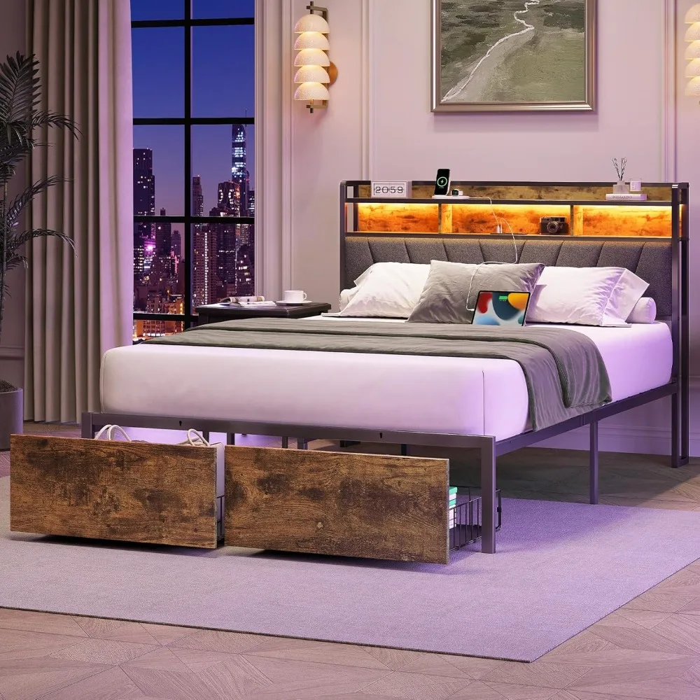

Queen Bed Frame with Storage Drawers, Metal Platform Bed Frame with LED Lights & Charging Station, 2-Tier Storage Headboard, Stu
