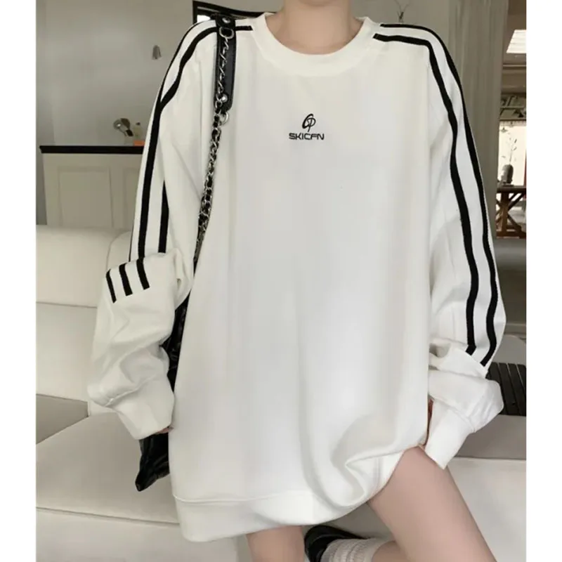 

Jmprs Loose Sweatshirt Women Long Sleeve Autumn Side Stripe Pullover Black T-Shirt Hip Hop Streetwear Spring White Thin Tops