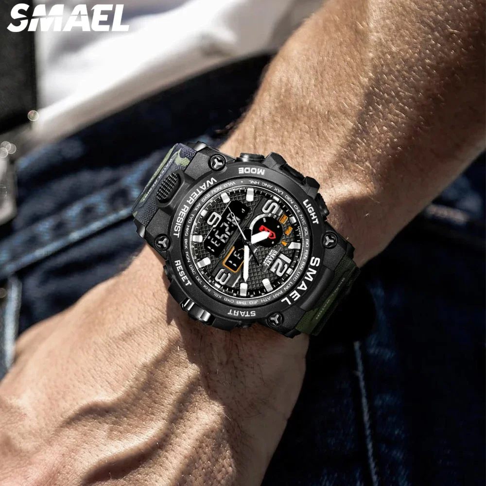 SMAEL Men\'s Multi functional Waterproof Night Light Alarm Clock Sports Outdoor Watch 1545D Camo Tactical Watch