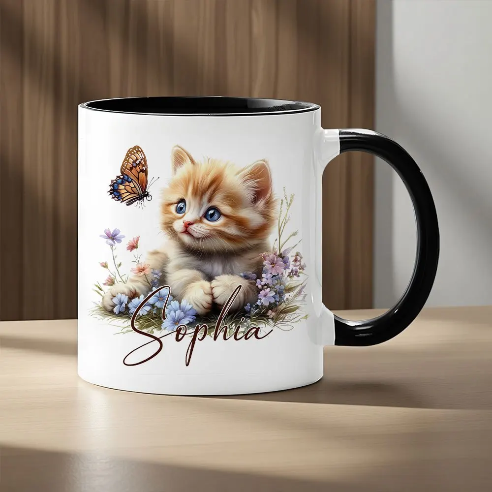 Personalized Ceramic Mug 4 Colors Available Blue Eye Orange White Kitten Flowers Monarch Butterfly Design Hot Cold Drink Coffee