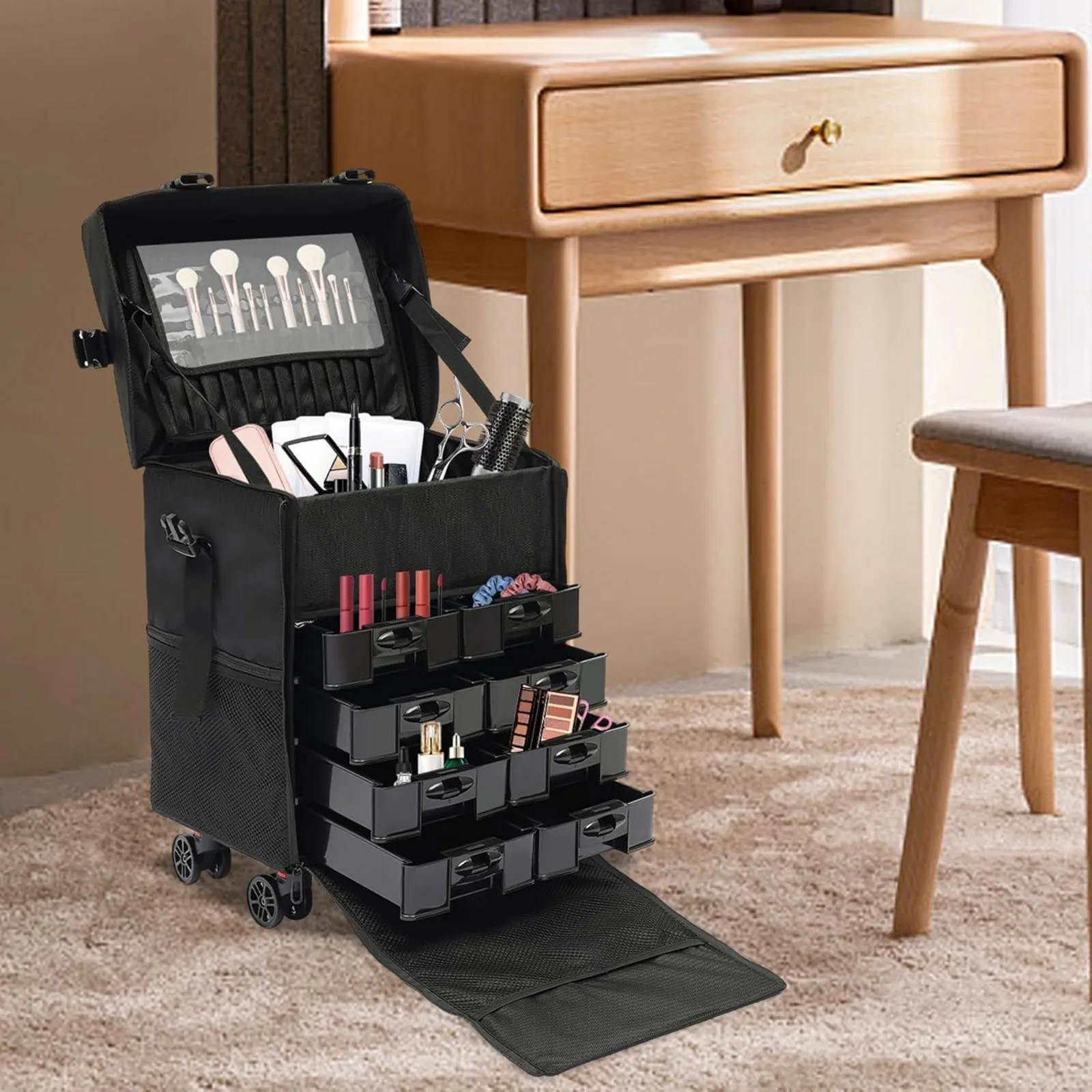 

Rolling Makeup Case Soft Makeup Train Case with Mesh Bags & Drawers Cosmetic Trolley Case on Wheels for Make-up Artists-Black
