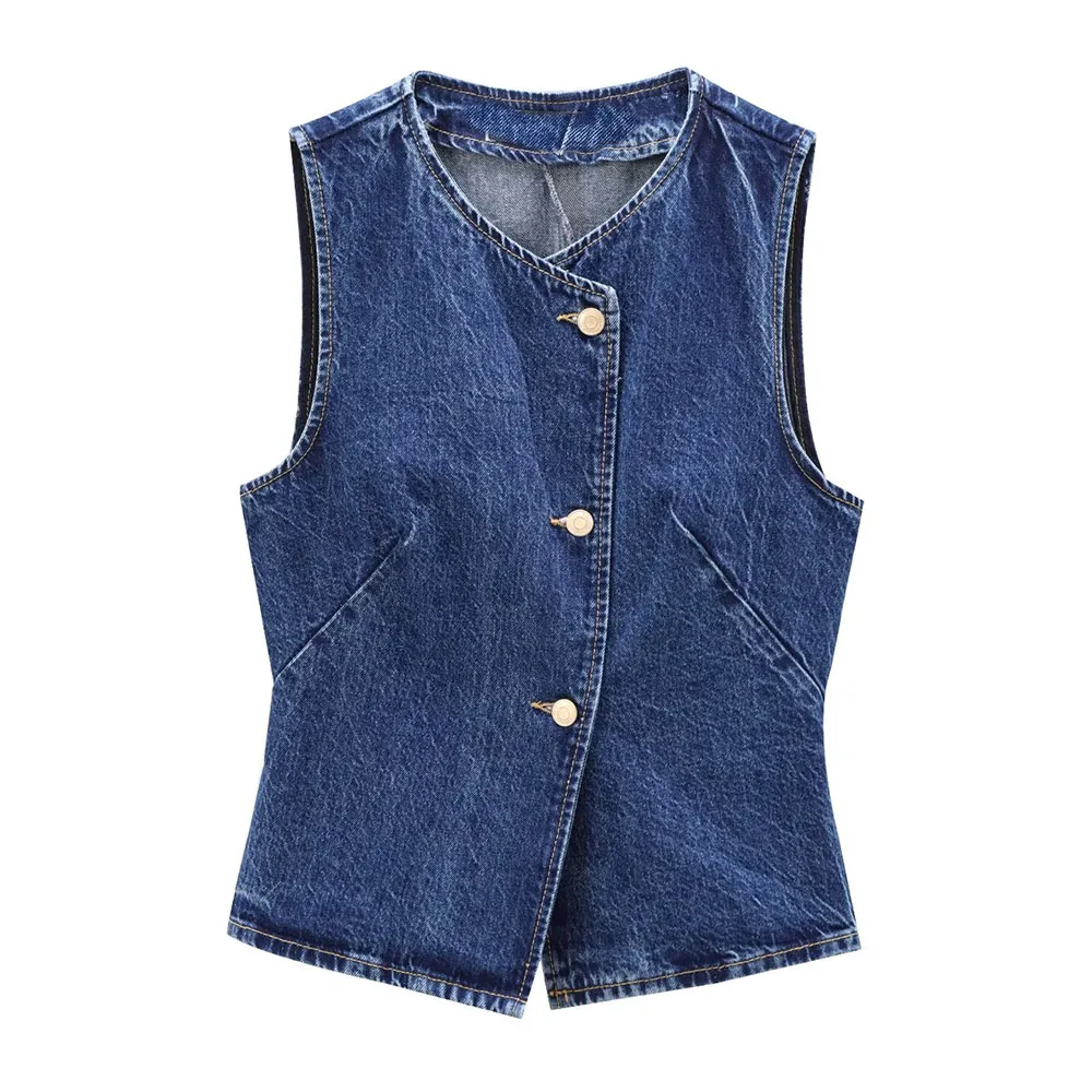 TRAF Women 2024 Autumn and Winter New Fashion Lazy Style Denim Vest Chic Round Neck Button All-match Casual Vest Mujer