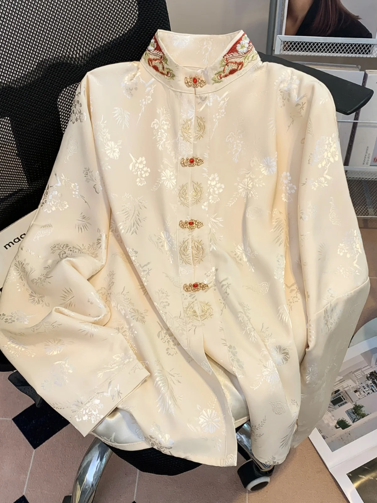 Nuevo cuello levantado bordado pesado chino Sle largo Sve irt primavera otoño para mujer nuevo de gama alta Retro nacional Sle Han...