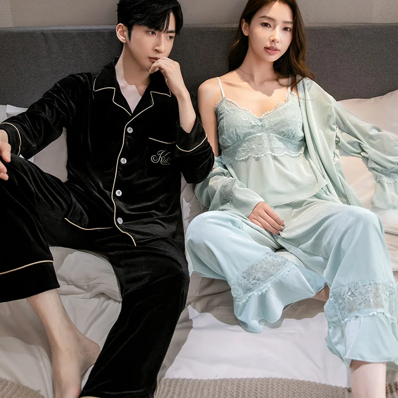 Velour Couple Pajamas Set Autumn Winter Women Bathrobe Sling Pants Sleepwear Sexy Casual Men Shirt Pants Home Clothes