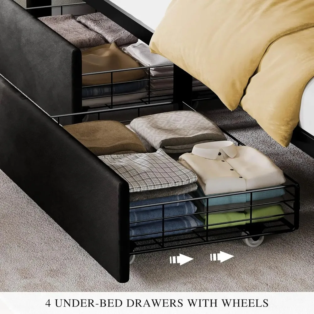 Struttura letto queen/king con luci a LED, 4 cassetti, senza bisogno di molle, facile montaggio, letto con piattaforma imbottita in velluto