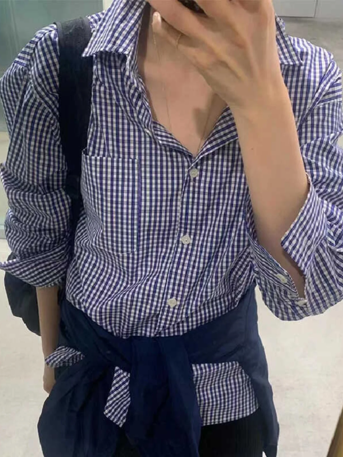 

Autumn 2025 Thin Casual Design Women's Long Sve irt id Pattern Dongda Gate Small ence Cotton Loose Fit Button up