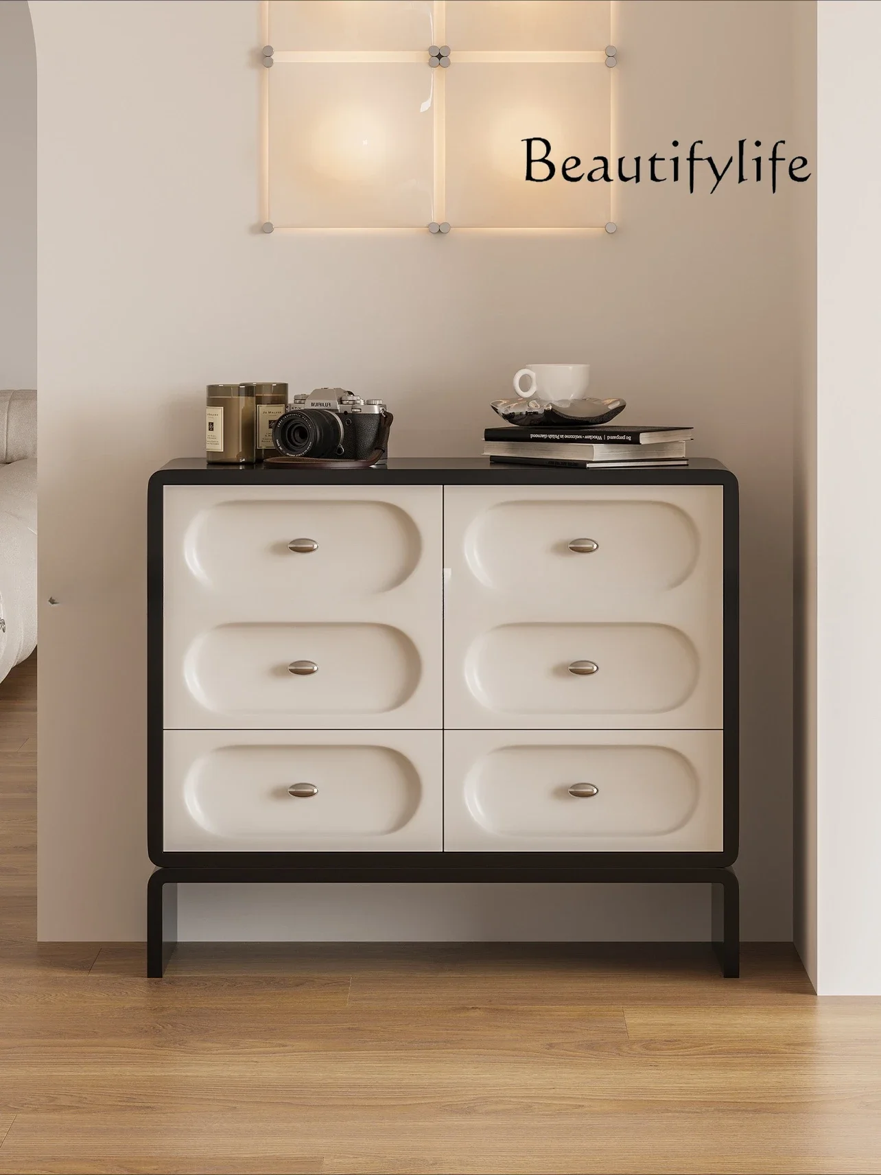 French cream style solid wood chest cabinet household simple black and white color matching storage cabinet