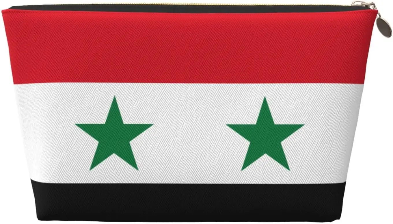 Flag of the Syrian Arab Republic Leather Travel Toiletry Bag - Reusable Cosmetic Makeup Accessories Organizer Zipper Pouch for D