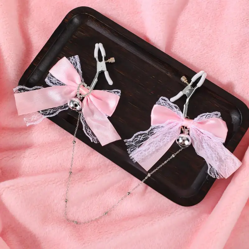 【SA】1 Pair Lace Butterfly Knot Bell Nipple Clamps Adult Toy With Chain Sexy Teasing Accessory Polyester Fabric Cute Girl Style - view 3