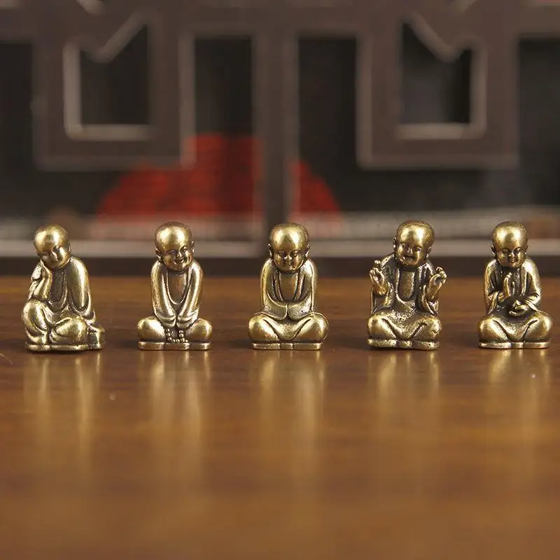New1PCS Pure Brass Zen Monk Statues 5 Zen Poses Tea Pet Vintage Figurines For Desk, Tea Table & Mindful Space Collectible Gift