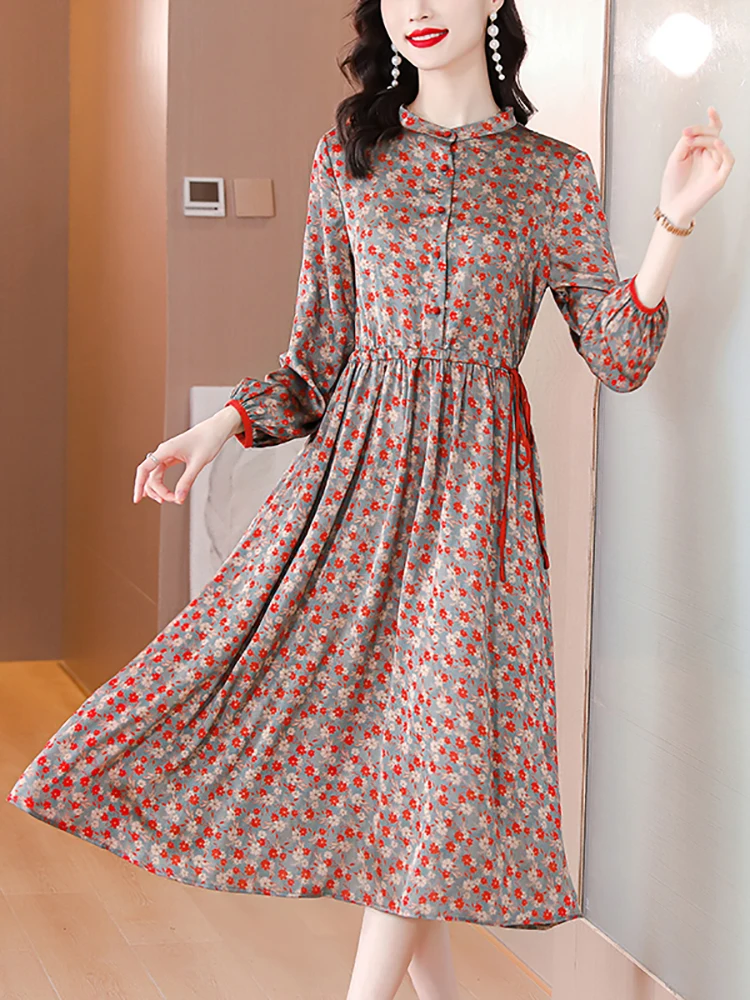 

Women Red Floral Satin Long Sleeve Midi Dress 2024 High Quality Luxury Chic Night Dress Autumn Winter Korean Vintage Party Dress