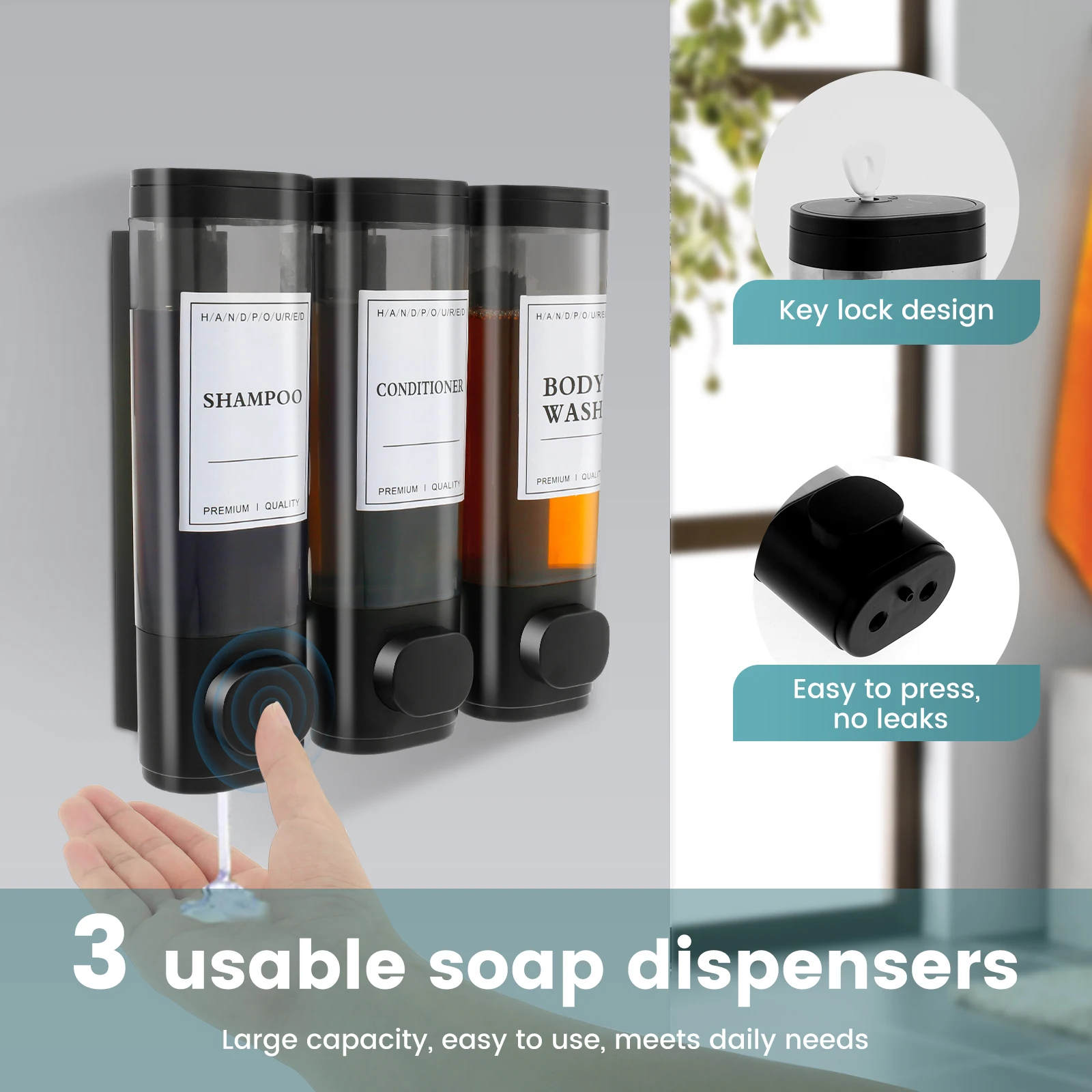 Wall Mounted Bathroom Liquid Soap Dispenser Three Head Hand Sanitizer Holder Wall Mount Soap Shampoo Gel Shower Liquid Container