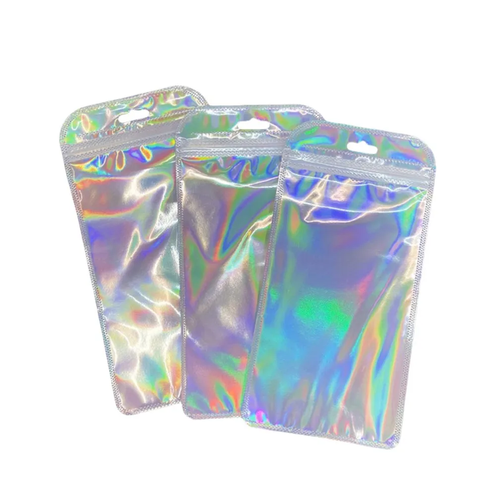 50Pcs Resealable Holographic Rainbow Zipper Jewelry Bags Transparent Plastic Pouch For Candy Snack Gift Display Packaging