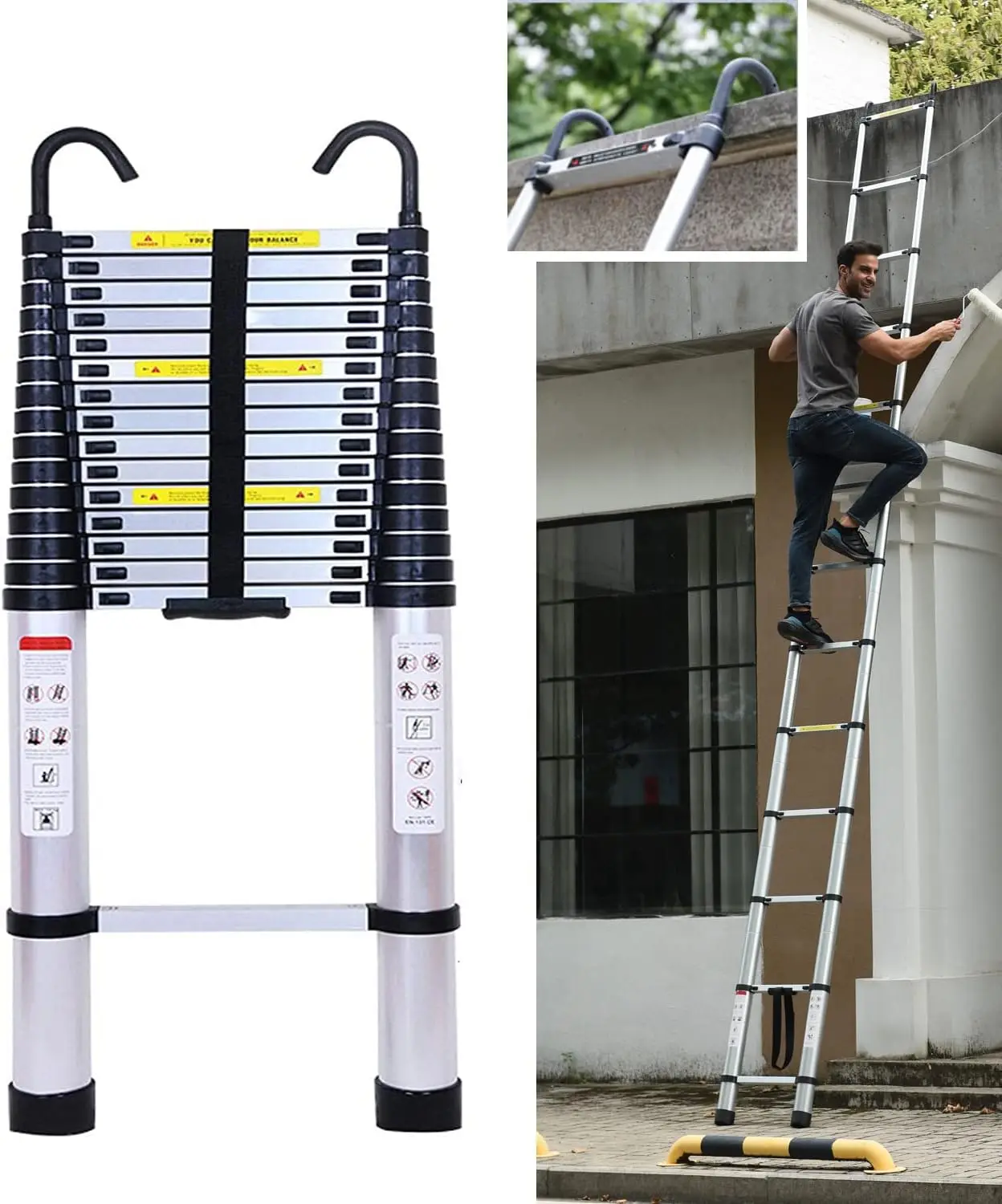 Telescopic Ladder 6.2m with Detachable Hooks & Extendable Steps, Folding Tall Loft Ladder with Non-Slip Feet Collapsible Ladder