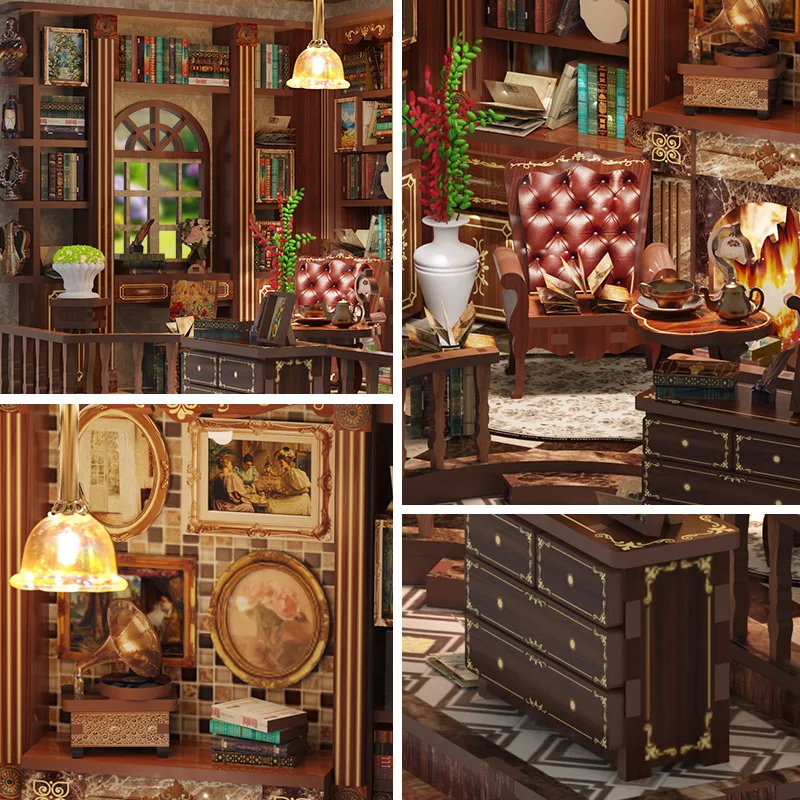 Bricolage rive gauche salle d'étude chalet maisons de poupée en bois Miniature modèle Kit 3D Puzzle maison de poupée avec meubles pour amis cadeaux
