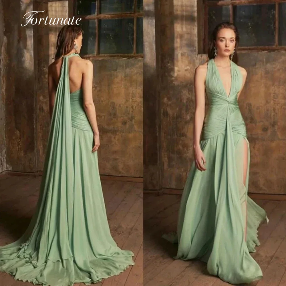 Fortunate Light Green Sexy Halter Chiffon Party Evening Dresses Split A-line V-neck Pleated Backless Party Gown Formal Occasionn