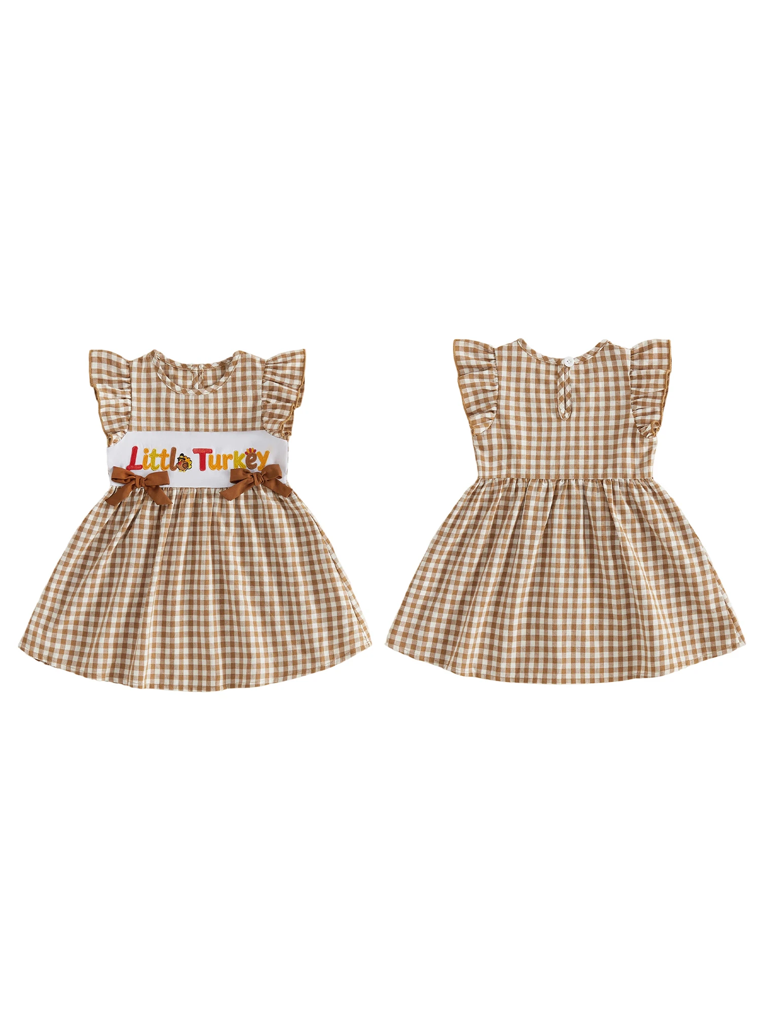 Plaid Neck Sleeve Fly Sleeve Crew Neck Plaid Letters Dress Girl S Dress Dress Fly Sleeve Durable Thanksgiving Girl S