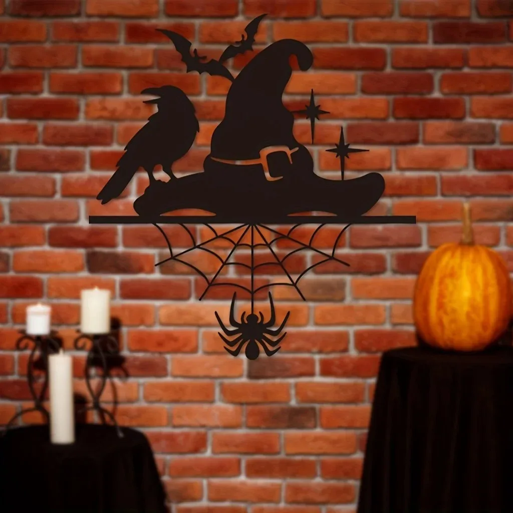 1pc Fascinating Halloween Metal Wall Decor: Witch Hat with Spider Web, Bat & Crow Sign. Intriguing for Home and Party