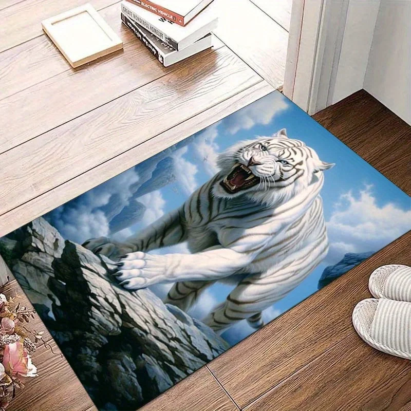 

1pc Majestic White Tiger Pattern - Crystal Velvet with vibrant blue sky and white cloud pattern suitable for living room bedroom