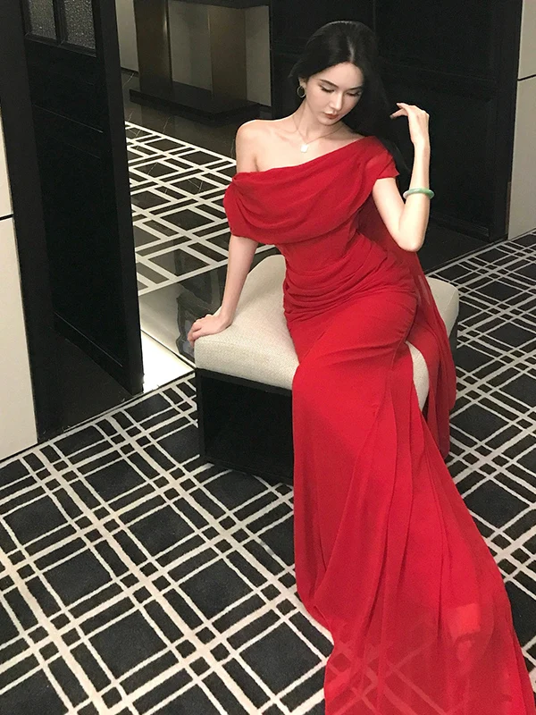 

Ele Red Fi Tail Wedding Dr One oulder Bridal Gown for Engagement Dinner Par Performance High Waist Long Skirt