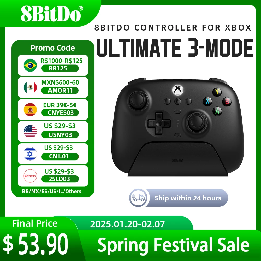 8BitDo Ultimate 3-mode Bluetooth Controller Gamepad with Hall Effect Joysticks for Xbox Series X，Series S, Xbox One,PC,Android